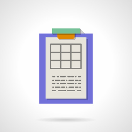 blank table for science research results. purple clipboard with paper. report, paperwork. flat color style vector icon. element for web design, business, mobile app.