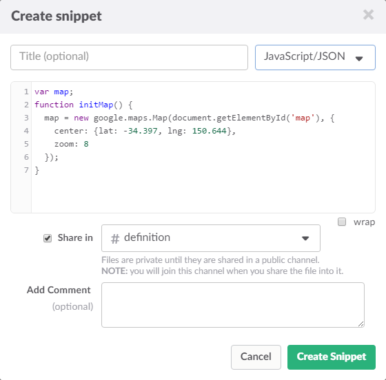 Create snippet, Slack