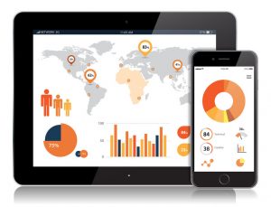 Tablet y teléfono con analítica sobre el mundo entero