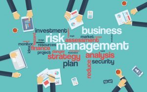 41064962 - risk management infographics poster with businessmen working around the word cloud. analysis and planning keywords. office objects