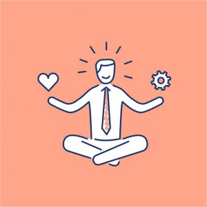 meditating businessman balancing work and personal life, heart and tool 