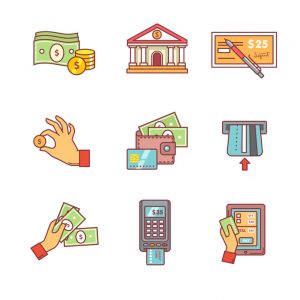 banking icons thin line set. currency operations, bank building, check, wallet and credit card, paper cash and coins in hands, pos machine. flat style color vector symbols isolated on white.