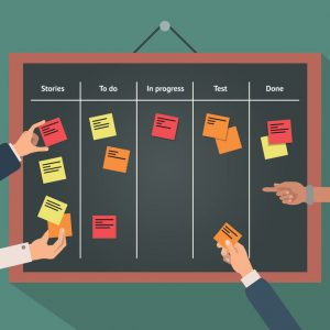 illustration of scrum agile board, columns stories, to do, in progress, test, done