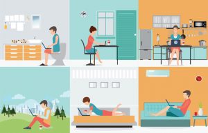 freelance set with various cartoon character design working at home, work from home, self employed, home office, work at home, freedom, conceptual vector illustration.