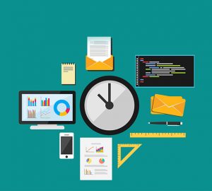 clock, tools, computer, phone, letter, graphs, diagrams